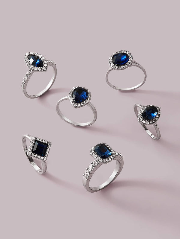 Shein - 6Pcs Gemstone & Rhinestone Decor Ring Set