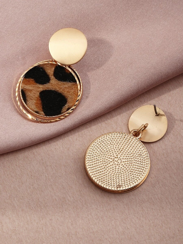 Shein - 1pair Fashionable European And American Geometric Round Leopard Print Stud Earrings, Party Accessory