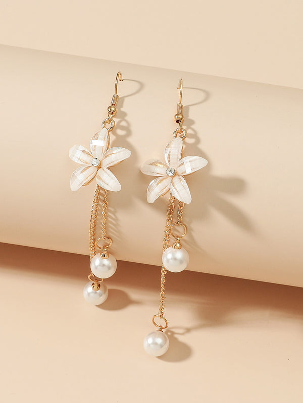 Shein - Faux Pearl Decor Flower Charm Drop Earrings