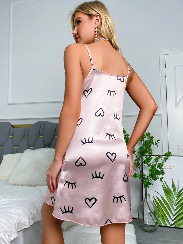 Shein - Satin nightgown with eyelash and heart print