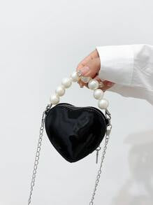 Shein - Mini Faux Pearl Beaded Heart Shaped Chain Novelty Bag