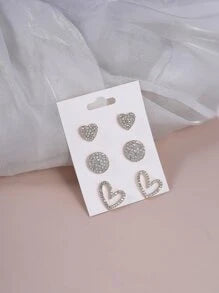 Shein - 3pairs Rhinestone Heart Decor Stud Earrings