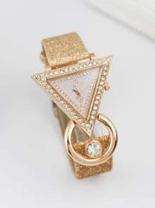 Shein - Rhinestone Decor Triangle Pointer Quartz Watch Gold