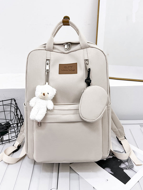 Shein - Classic, Casual Bear & Letter Patch Decor Functional Backpack With Coin Purse School Bag For Teen Girls, Women,College Students, Perfect For Outdoors ,Travel & Back To School, With Bear Pendant , Women Bag With Dime Bag