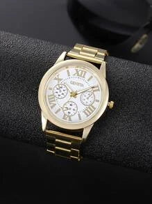 Shein - 1pc Men Gold Zinc Alloy Strap Business Round Dial Quartz Watch, For Daily Life