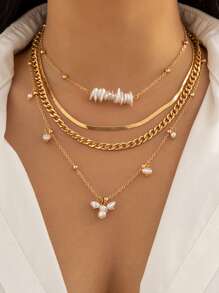 Shein - 4pcs Multilayered Beaded Snake Bone Chain, Faux Pearl Necklace