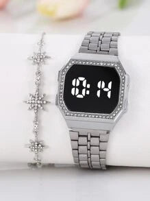 Shein - 1pc LED Display Polygon Electronic Watch & 1pc Bracelet