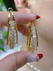 Shein - 1pair Glamorous Zinc Alloy Rhinestone Decor Hoop Earrings For Women For Daily Decoration