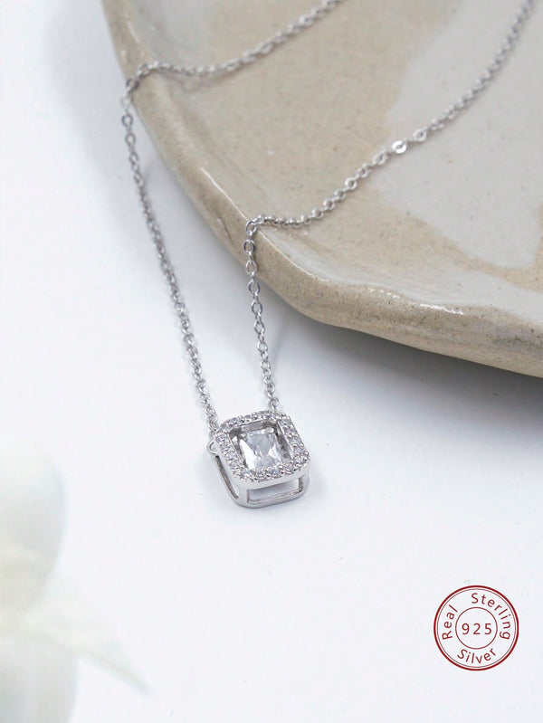 Shein Exclusive - Cubic Zirconia Square Charm Silver Necklace