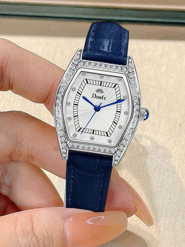 Shein - 1Pc Women Blue Crocodile Embossed Pu Polyurethane Strap Glamorous Rhinestone Decor Water Resistant Tonneau Dial Quartz Watch, For Daily Life