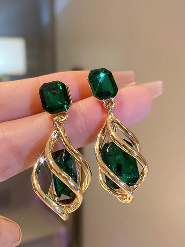 Shein - 2Pcs Geometric Green Gemstone & Diamond Drop Earrings For Women