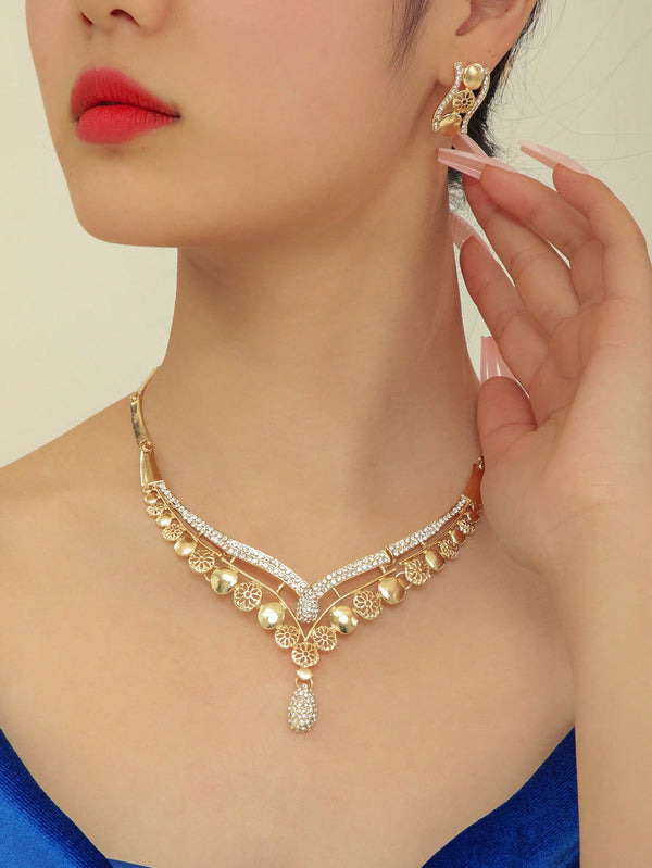 Shein - 3Pcs/Set Glamorous Rhinestone Decor V-Shaped Jewelry Set For Women For Banquet Jewelry