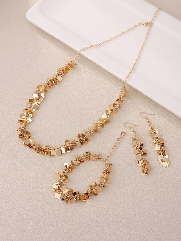 Shein - 4Pcs/Set Vintage Elegant Gold Square Design Bracelet, Earrings And Necklace Set For Party Dress Up