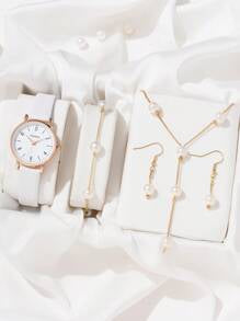 Shein - 1pc White PU Polyurethane Strap Casual Round Dial Quartz Watch & 4pcs Faux Pearl Decor Jewelry Set,