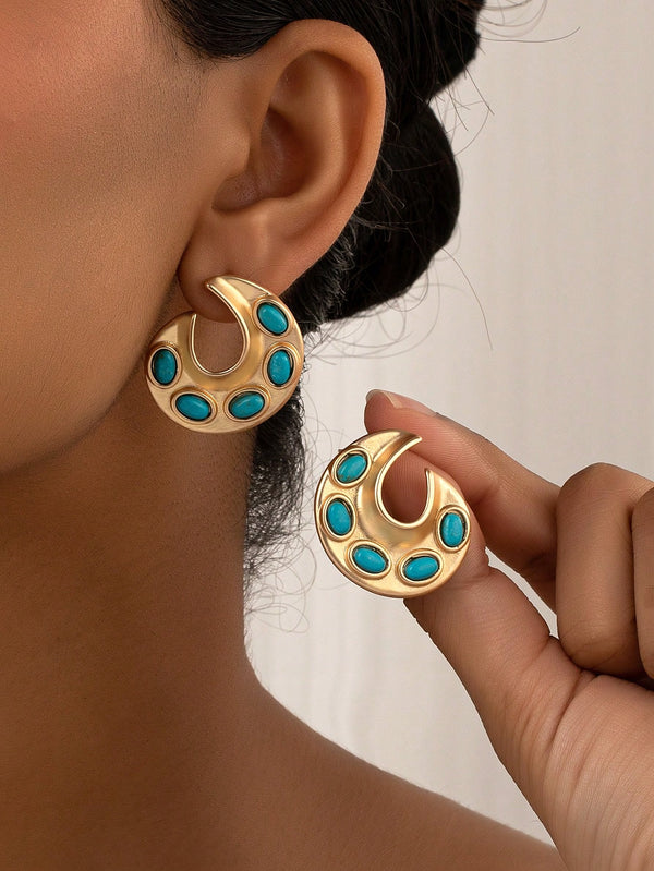 Shein - 1Pc Vintage Zinc Alloy Turquoise Decor Moon Stud Earrings For Women For Daily Decoration