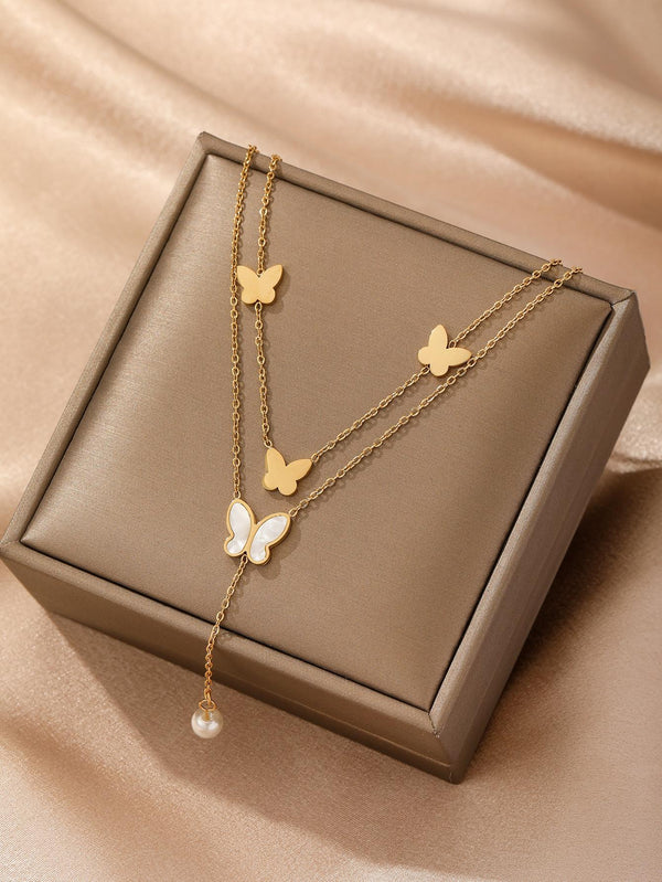 Shein - Butterfly & Faux Pearl Charm Layered Necklace