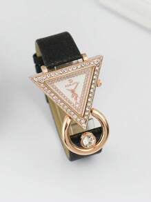 Shein - Rhinestone Decor Triangle Pointer Quartz Watch Black