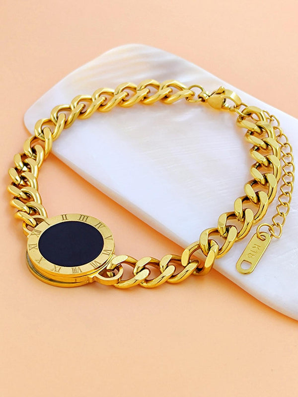 Shein - 1Pc Stainless Steel Cable Chain Double-Sided Black & White Shell Roman Numbers Charm Bracelet