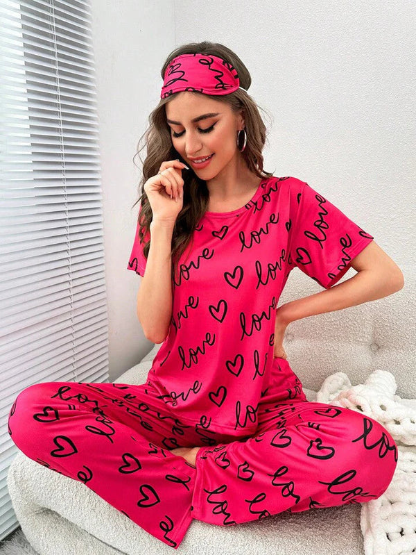Emerce - M- Love Heart Printed Night Suit -Dark Pink
