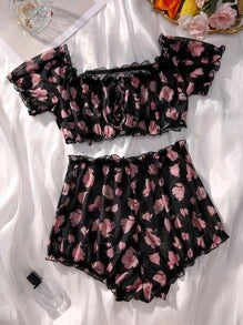 Shein - Classic Sexy Floral Print Frill Trim Lingerie Set