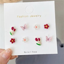 Shein - Colorful Butterfly Flower & Tulip Shape Stud Earrings Set