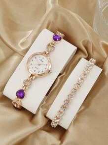 Shein - 1pc Women Round Dial Quartz Watch & 1pc Rhinestone Decor Bracelet