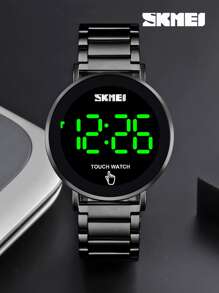 Shein -  SKMEI 1pc Black Stainless Steel Strap Fashionable Water Resistant Round Dial Digital Watch, Fo