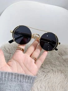 Shein - 1pc Unisex Gold Round Metal Frame Steam Punk Sunglasses