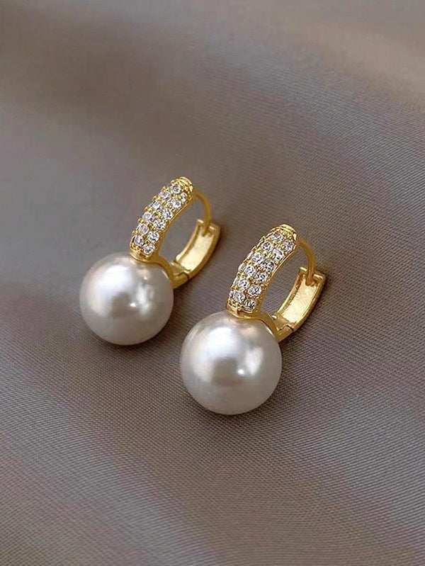 Shein - Rhinestone & Faux Pearl Decor Hoop Earrings