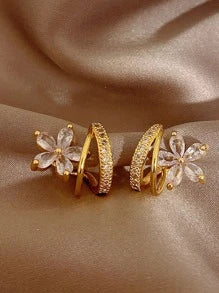 Shein - 1pair Sparkling Cubic Zirconia Flower Shaped Earrings With Unique C Design, All-matching & Classy Ear Hoops