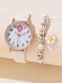 Shein - 1 Ladies Daisy Flower Pu Belt Casual Quartz Watch And 1 Bracelet