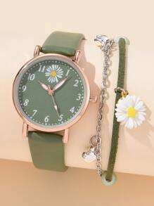 Shein - 1pc Ladies' Daisy Flower Print Pu Leather Band Casual Quartz Watch And 1pc Bracelet