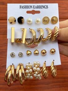 Shein - 24pcs/set Gold-color Love Hearts Twisted Stud Earrings