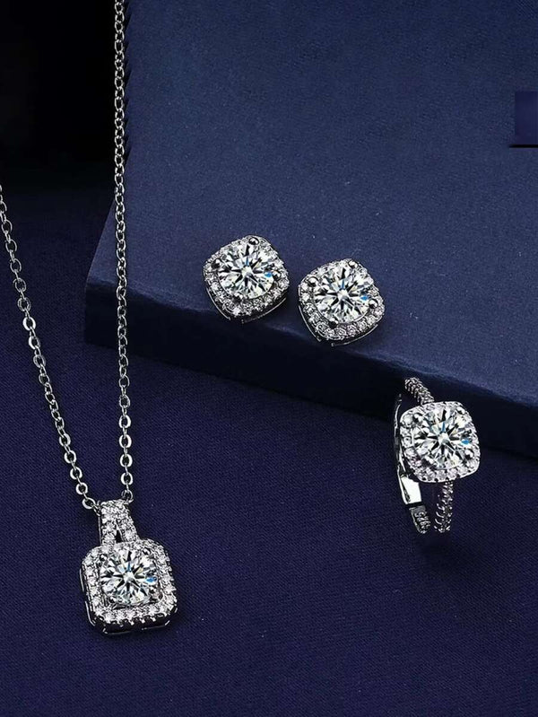 Shein 4pcs/set Luxury Square Rhinestone Necklace Earrings Ring Set Party Suit Formal Dress Accessory