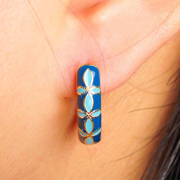 Shein - Fashion Blue Flower Pattern Enamel Copper Earrings