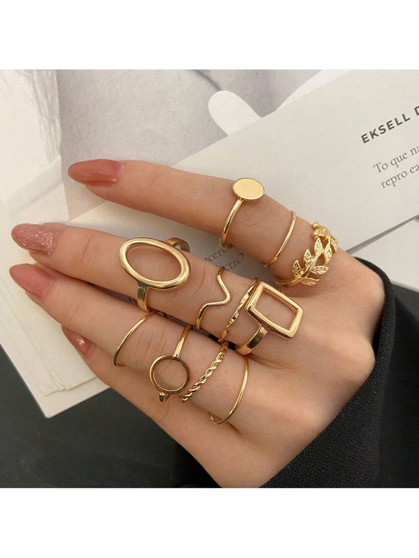 Shein - 11pcs/set Gold-color Geometric Leaf Creative Design Ring Set, Suitable For Women's Daily Wear