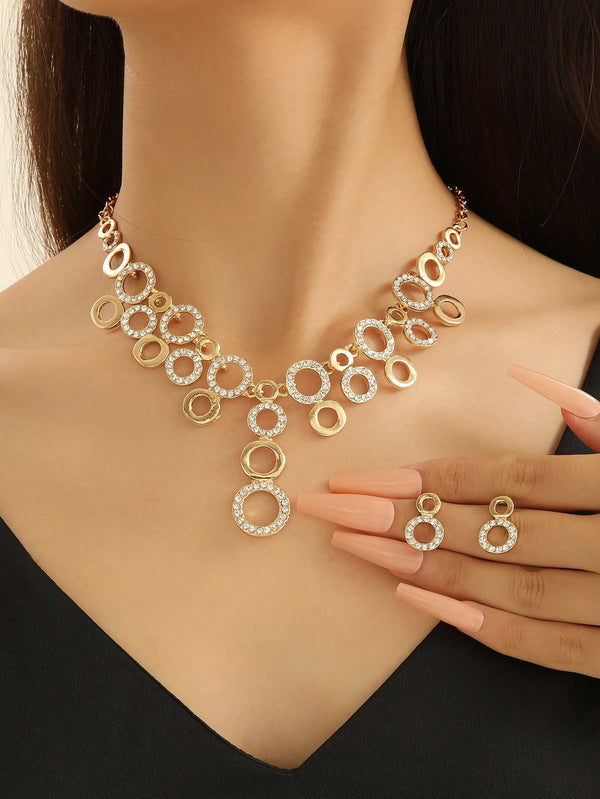 Shein - 3Pcs/Set Gold Plated Circle Shaped Jewelry Set With Full Rhinestone For Women'S Gorgeous Banquet