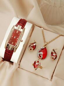 Shein - 1pc Women Watch Casual And Elegant Quartz Wristwatch, Square Shaped, With 3pcs Jewelry Set