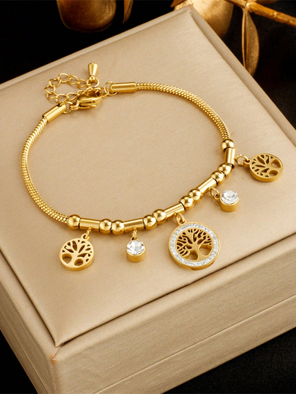 Shein - 1Pc Hollow Out Round Pendant With Life Tree & Rhinestone Decor Titanium Steel Chain Bracelet