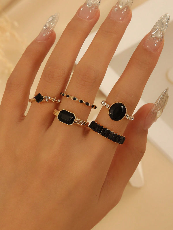 Shein - 5pcs/set Simple Design Black Stone Inlaid Ring Set, Suitable For Women's Daily Wear