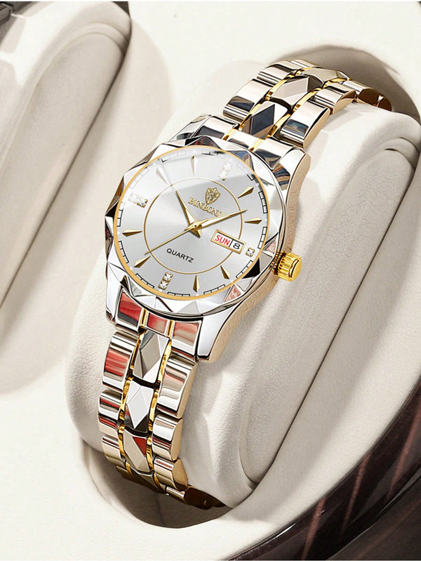 Shein - Fashionable Luxury Ladies Watch With Casual Stainless Steel Band Double Date Waterproof Luminous Women'S Quartz Watch