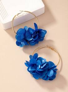 Shein - 1pair Blue Fabric Floral Hoop Earrings