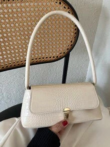 Shein - White Crocodile Pattern Engraved PU Leather Metal Lock Vintage Style Women's Popular Crossbody Shoulder Bag