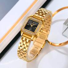 Shein - Skmei Golden Color Ladies' One Piece Stainless Steel Strap Watch, 30m Water Resistant Quartz Wristwatch