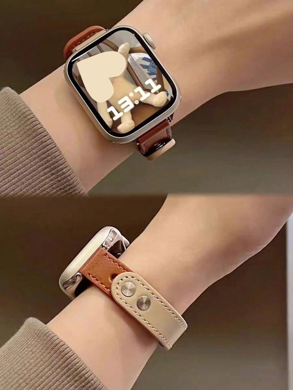 Shein - 1Pc Brown & Apricot Splice Watch Band Compatible With Apple Watch 9/8/7/6/5/4/3/2/1Se Ultra, Double Press Stud Design, Narrow Style, For Women, Soft & Lightweight, Fits Size 38Mm, 40Mm, 41Mm, 42Mm, 44Mm, 45Mm