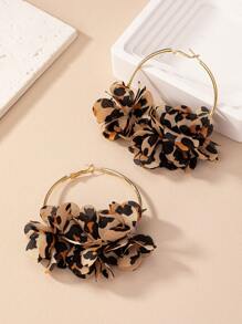 Shein - 1pair Leopard Print Cloth Flower Hoop Earrings