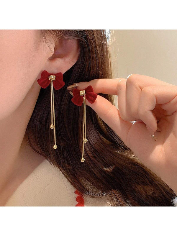 Shein - 1Pair Fashionable Plush Velvet Bowknot & Rhinestone Decor Tassel Earrings In Red & Black For Daily Wear