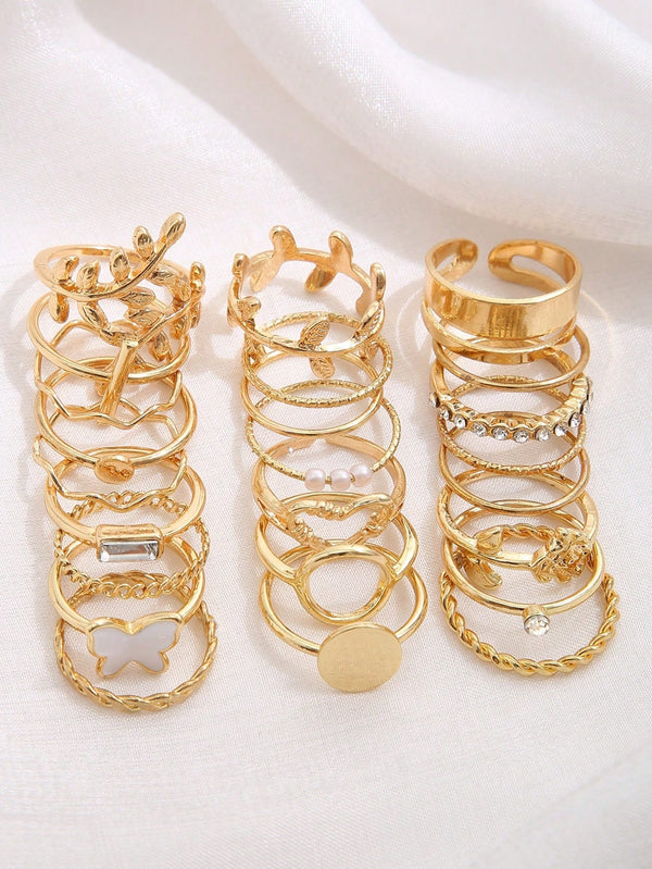 Shein - 24pcs Inlaid Rhinestone Imitation Pearl Geometric Rings Set