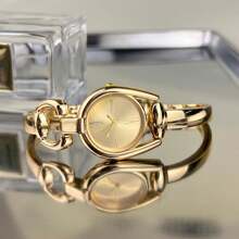 Shein - 1pc Golden Women's Simple Horseshoe Shaped Watch Case, Colorful Dial, Metallic Alloy Watchband, Fashionable Quartz Watch For Daily Wear