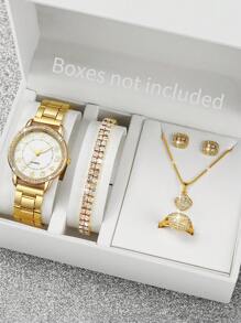 Shein - Ladies' Stainless Steel Fashionable Simple Wristwatch With Rhinestone Inlay Digital Dial + Jewelry Set (6pcs/set)